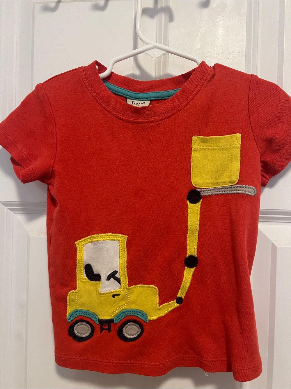 Frugi Red Short-Sleeve Kids Tee with Yellow Truck Applique - Fun Pocket Detail